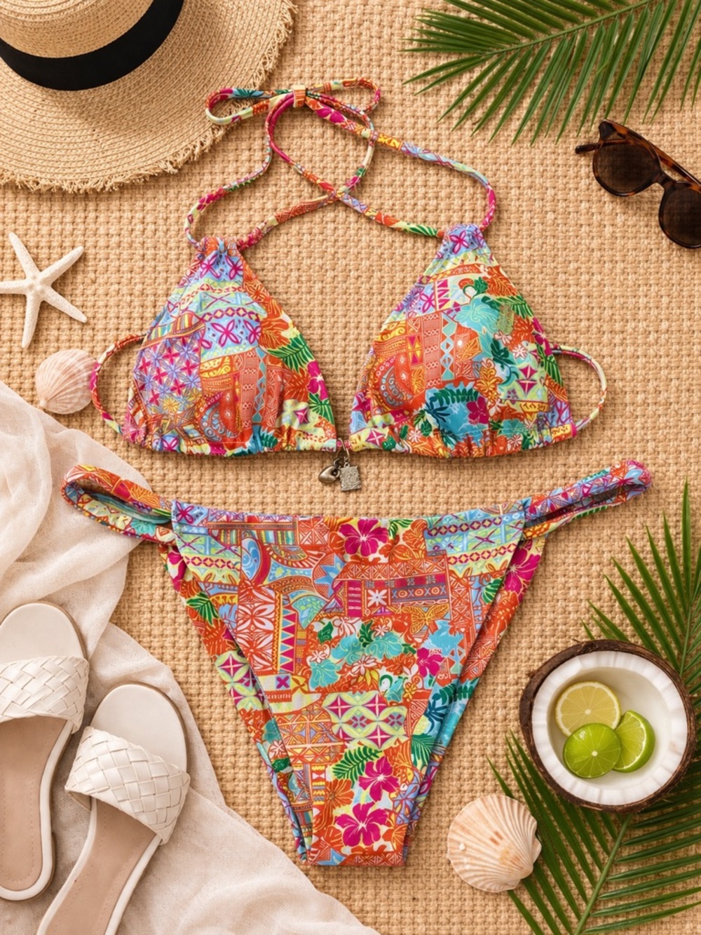Boho Tropical Bikini Set Tag XL Fits M/L Bright Vacation Swim